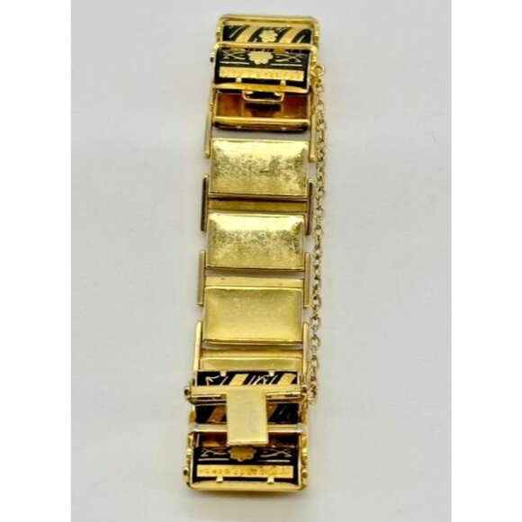 Vintage Damascene Links Bracelet Gold-Tone Metal with Etched Black Floral Motif~ - Picture 8 of 8